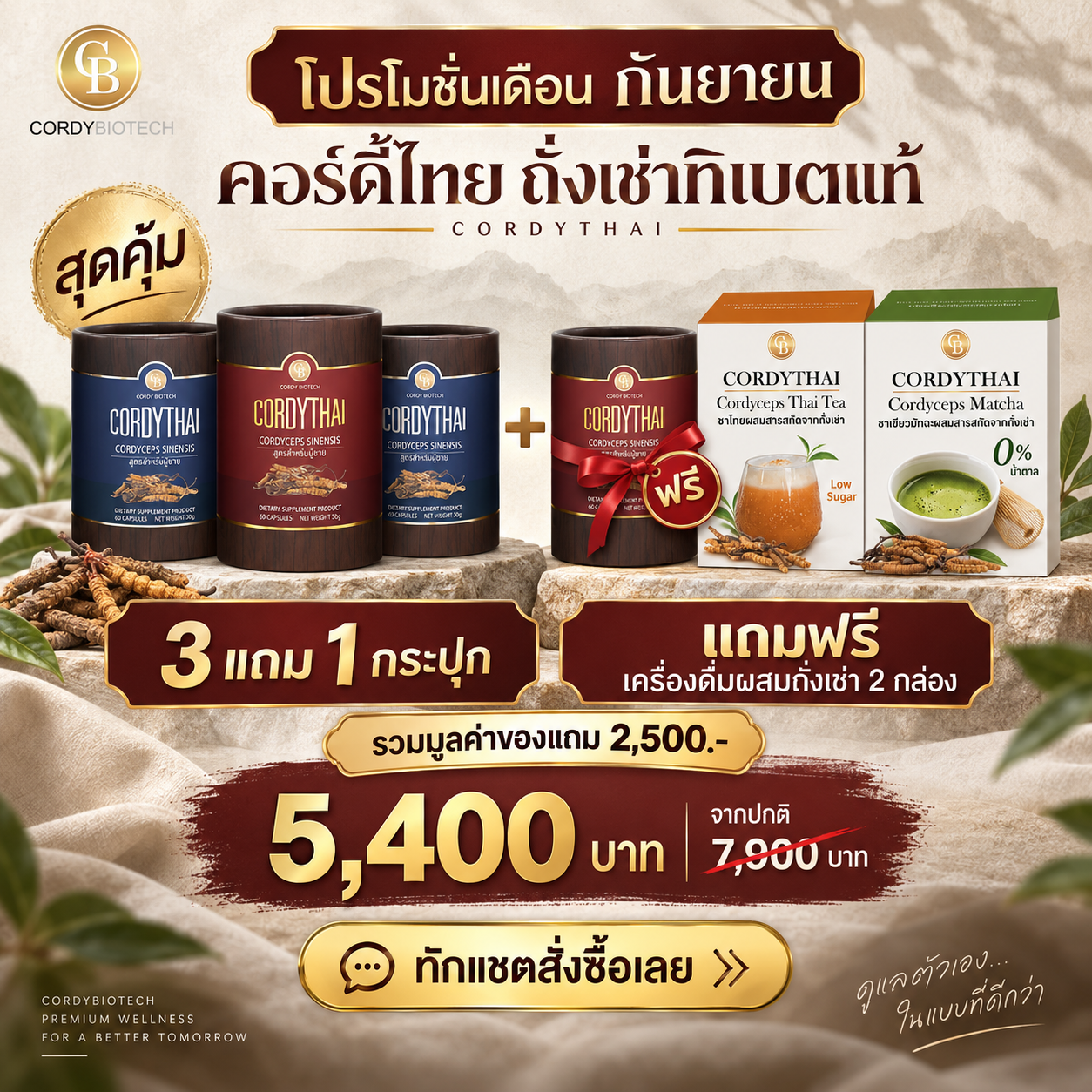 โปรโมชั่น 3 แถม 1 ถั่งเช่า Cordythai