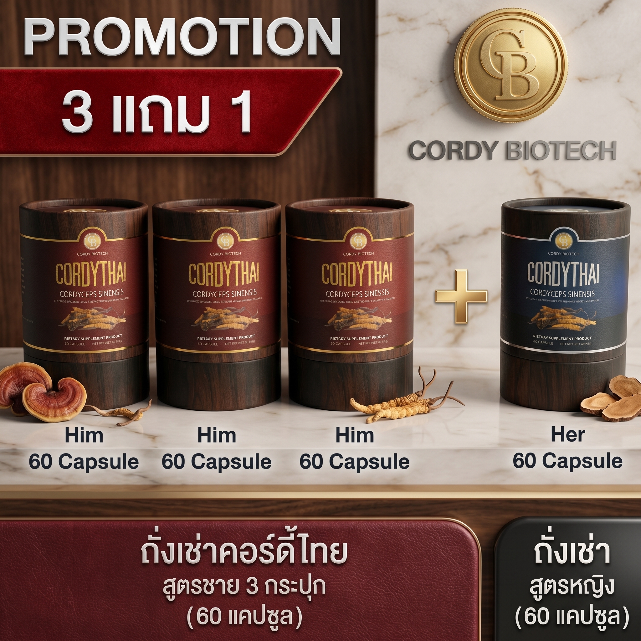 โปรโมชั่น 3 แถม 1 ถั่งเช่า Cordythai